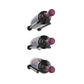 Black 3-bottle wall wine rail with three angled holders and purple bottle neck caps