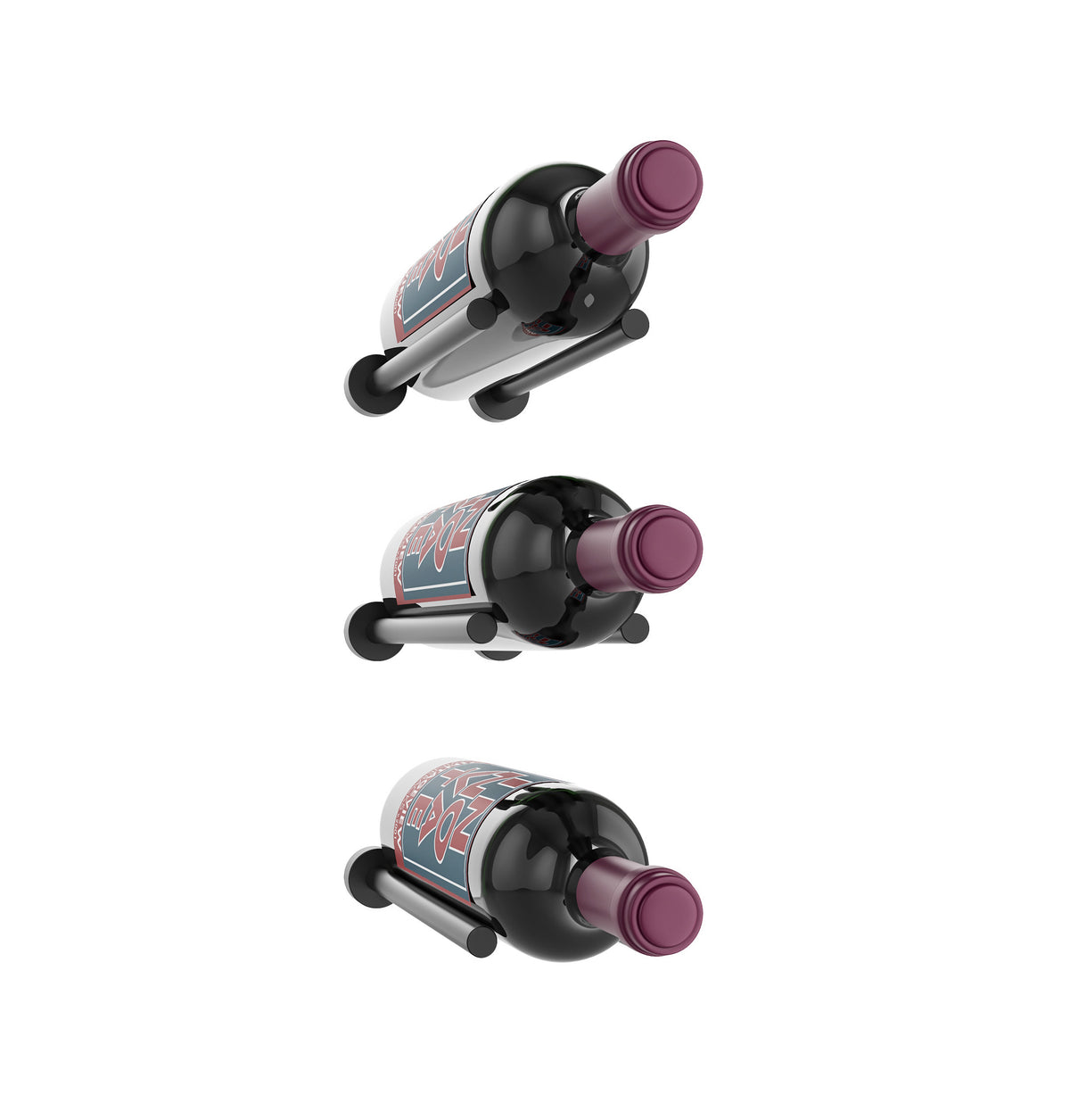 Black 3-bottle wall wine rail with three angled holders and purple bottle neck caps