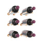 Matte black wine rail with designer grid, six bottle holders with purple caps and wood pegs