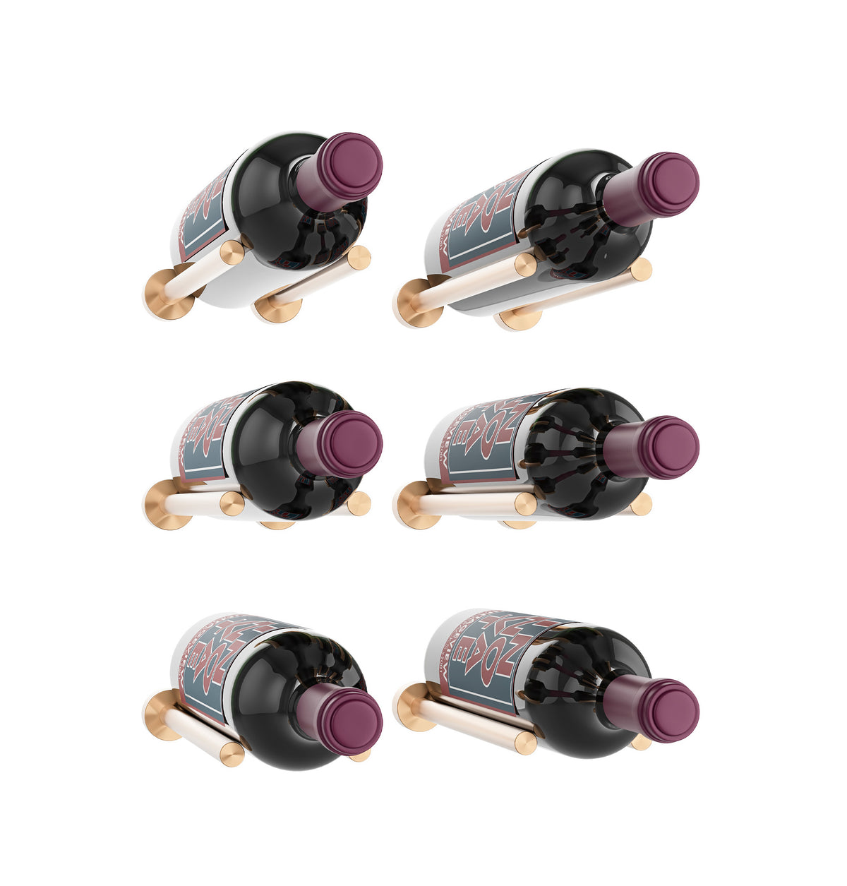 Matte black wine rail with designer grid, six bottle holders with purple caps and wood pegs