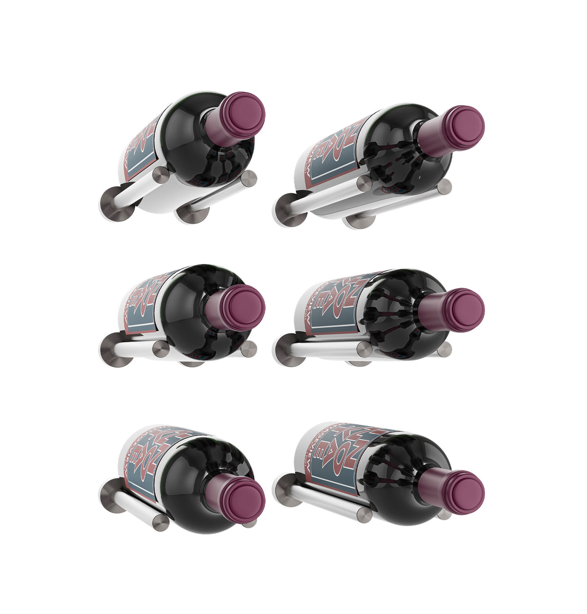 Wine bottle rail designer grid, six matte black bottle holders with purple caps and wood pegs