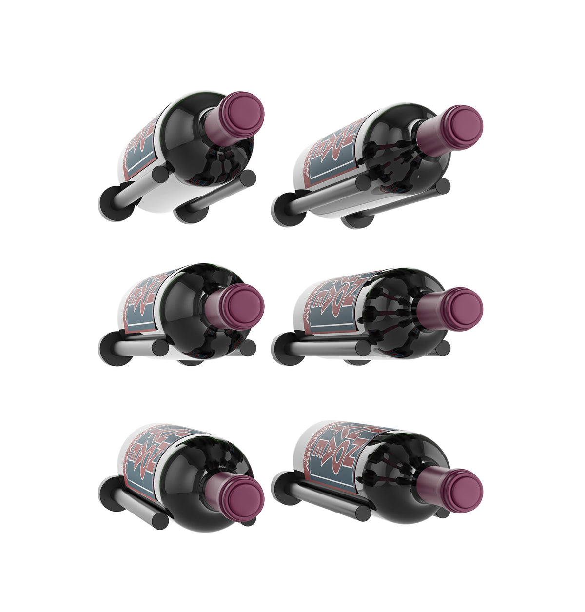 Wine rail designer grid featuring six black bottle holders with purple caps and wood pegs