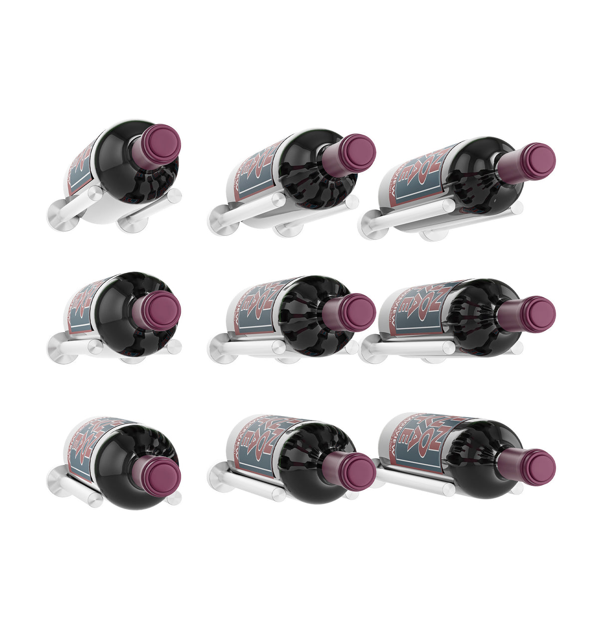 3x3 wine bottle rail, dark finish, showing nine bottles with purple corks