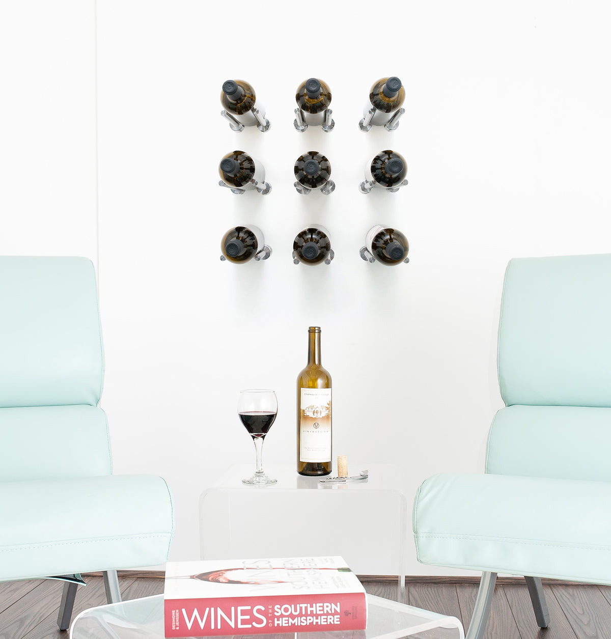 3x3 wine bottle rail, nine bottle holders mounted in a grid