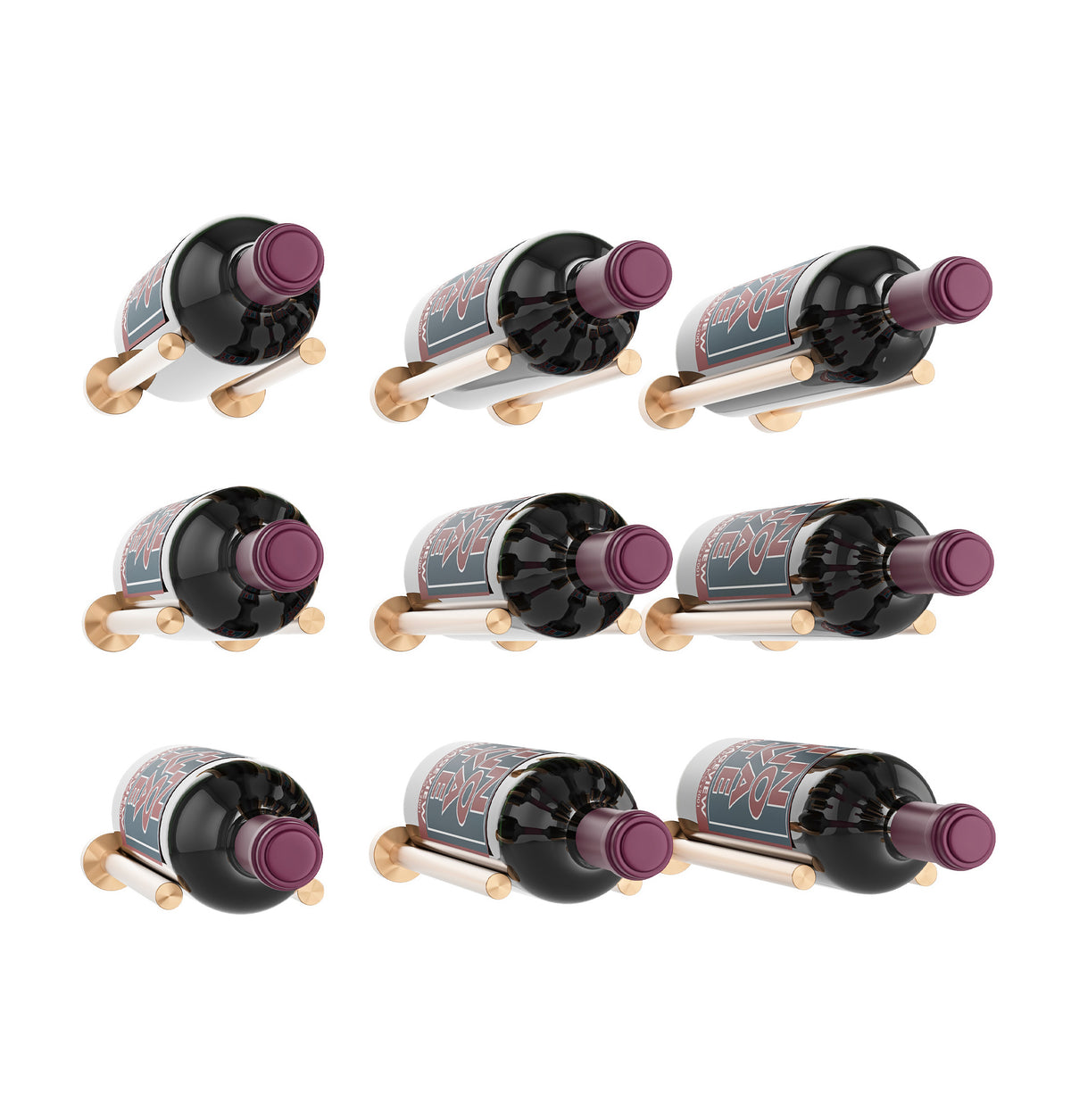 3x3 wine bottle rail with nine black holders and light wood accents