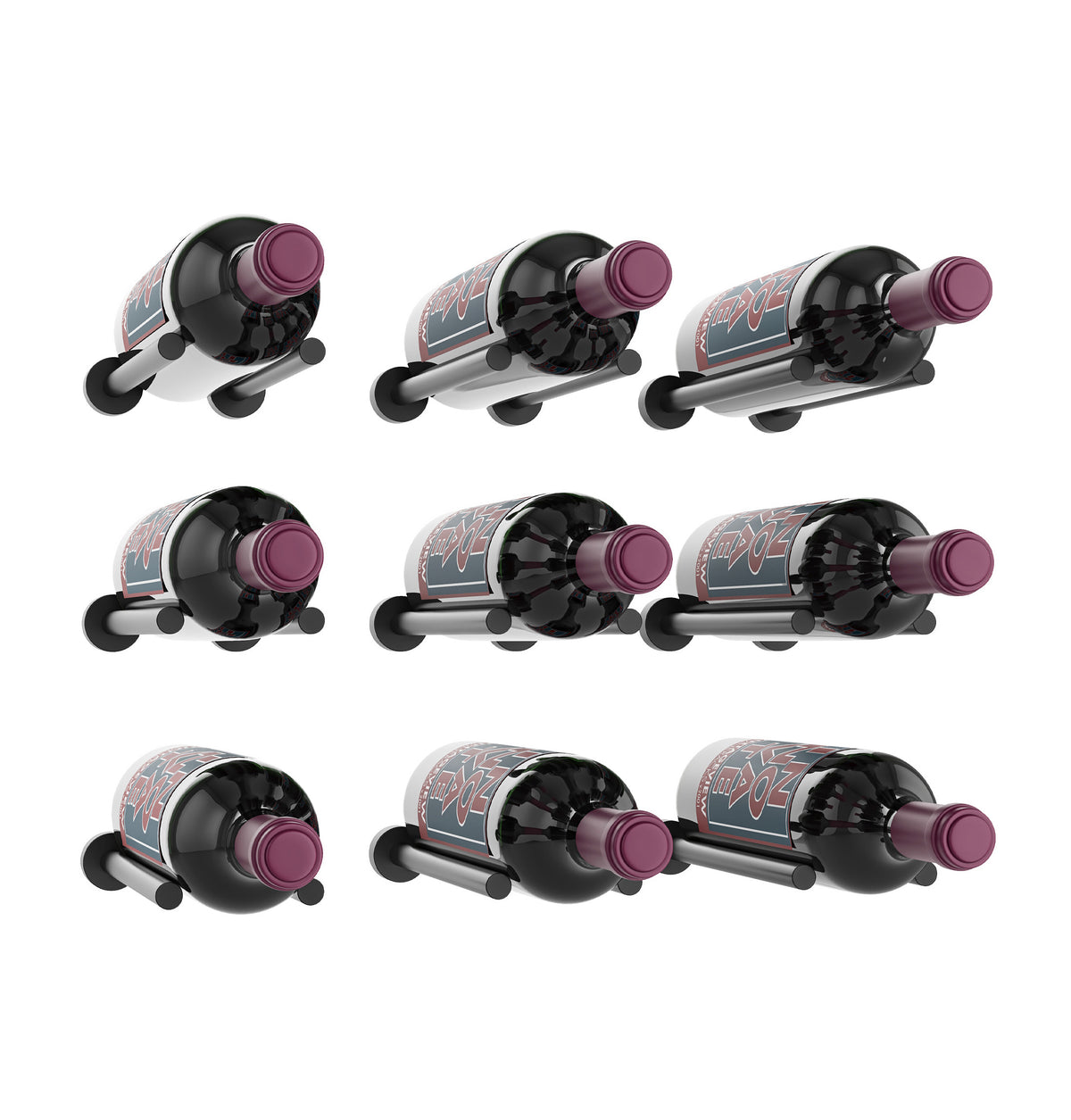 3x3 wine bottle rail with nine black bottle holders and purple-tinted corks