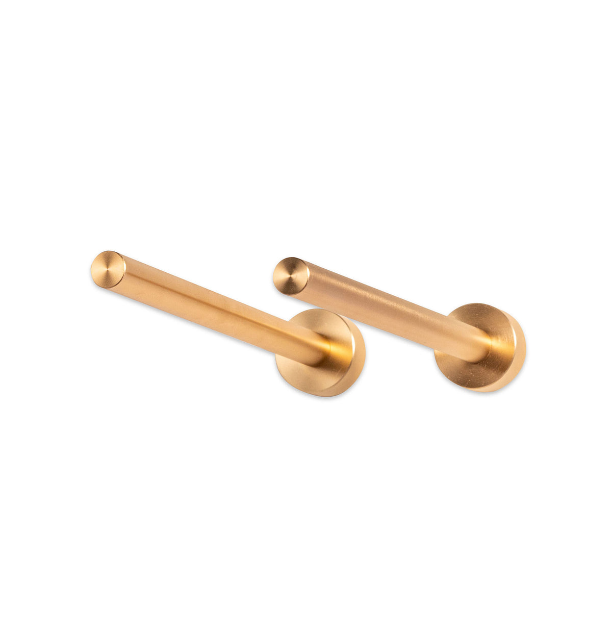 Pair of wine bottle rails with cylindrical bars and round wall mounts, gold finish