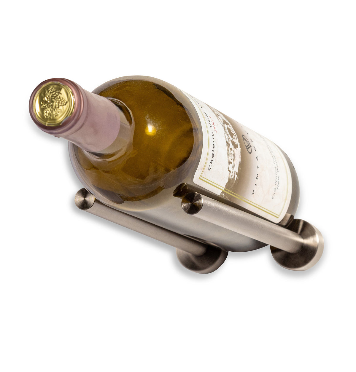 Wine bottle rail holding a bottle on dark gunmetal mounts with cylindrical bar