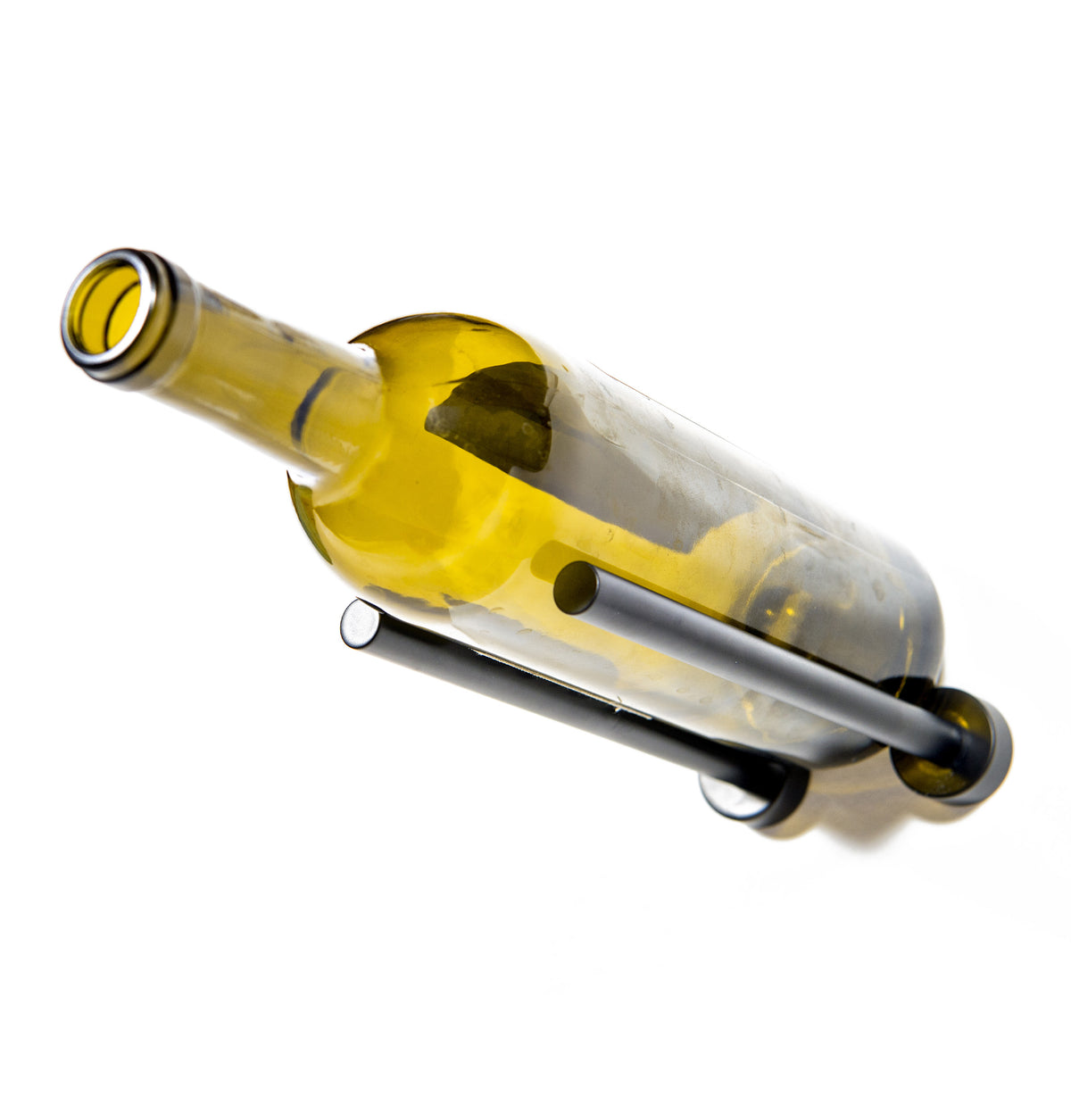 Wine bottle rail wall mount holding a bottle, dark metal cradle with two supports