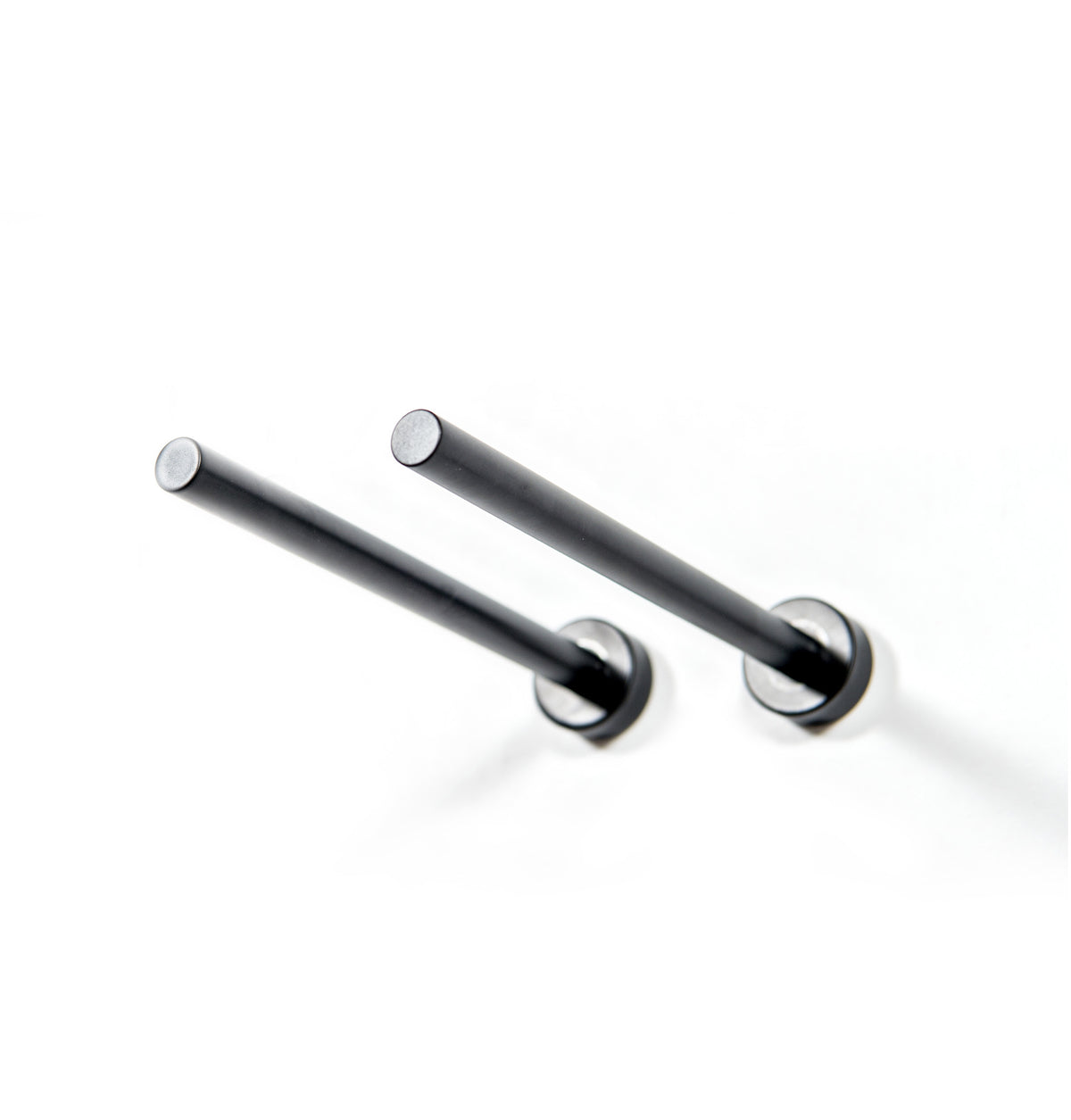 Wine bottle rail wall mount with two matte black arms and round end caps