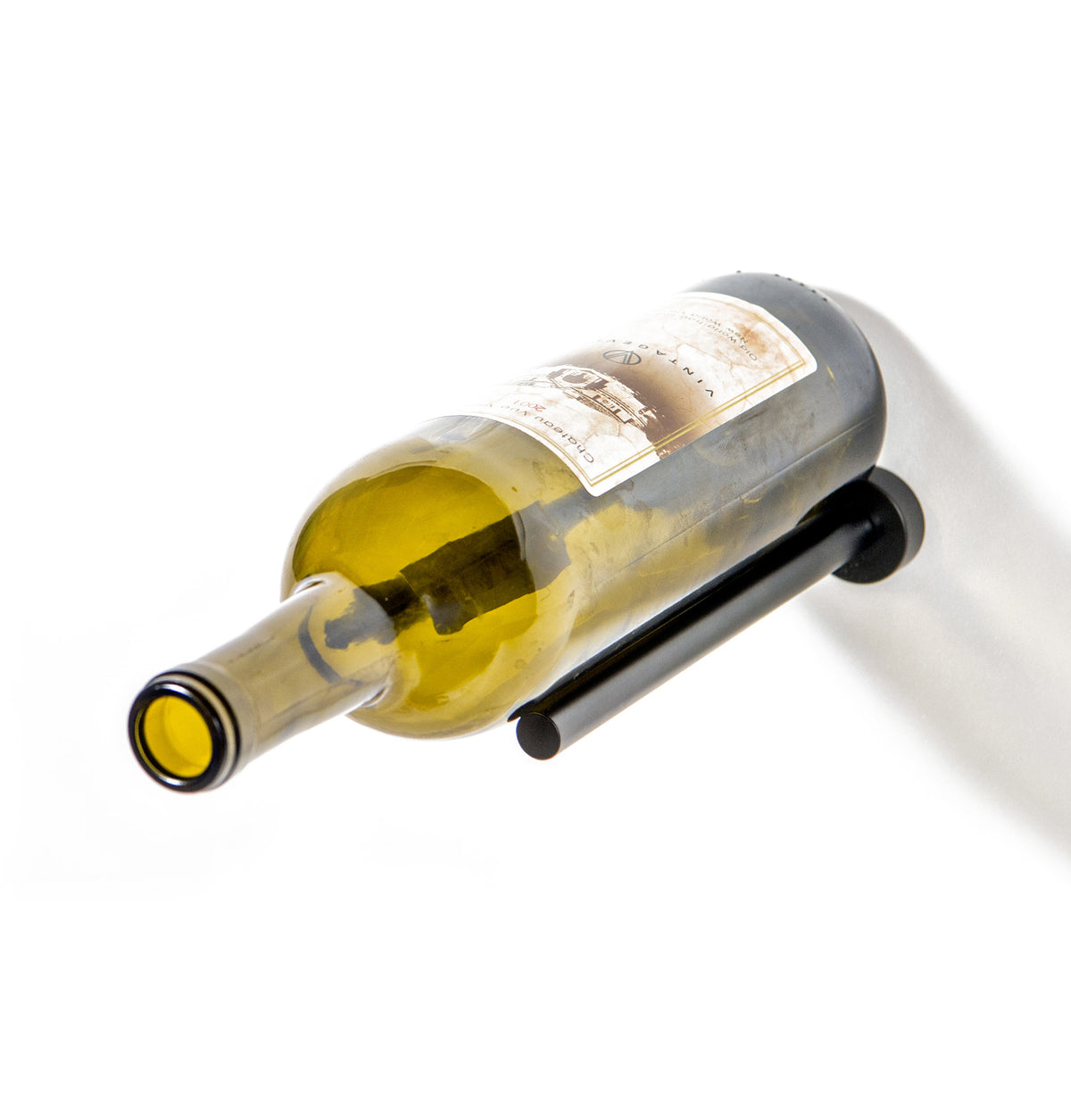 Wine bottle rail wall mount holding a bottle, light metal cradle with dark rails