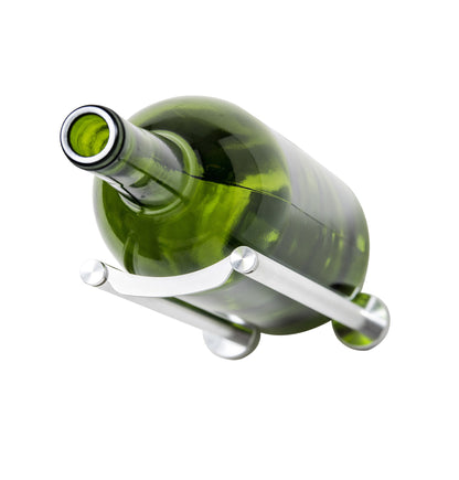 Silver wine bottle rail holder with curved supports and a green magnum bottle