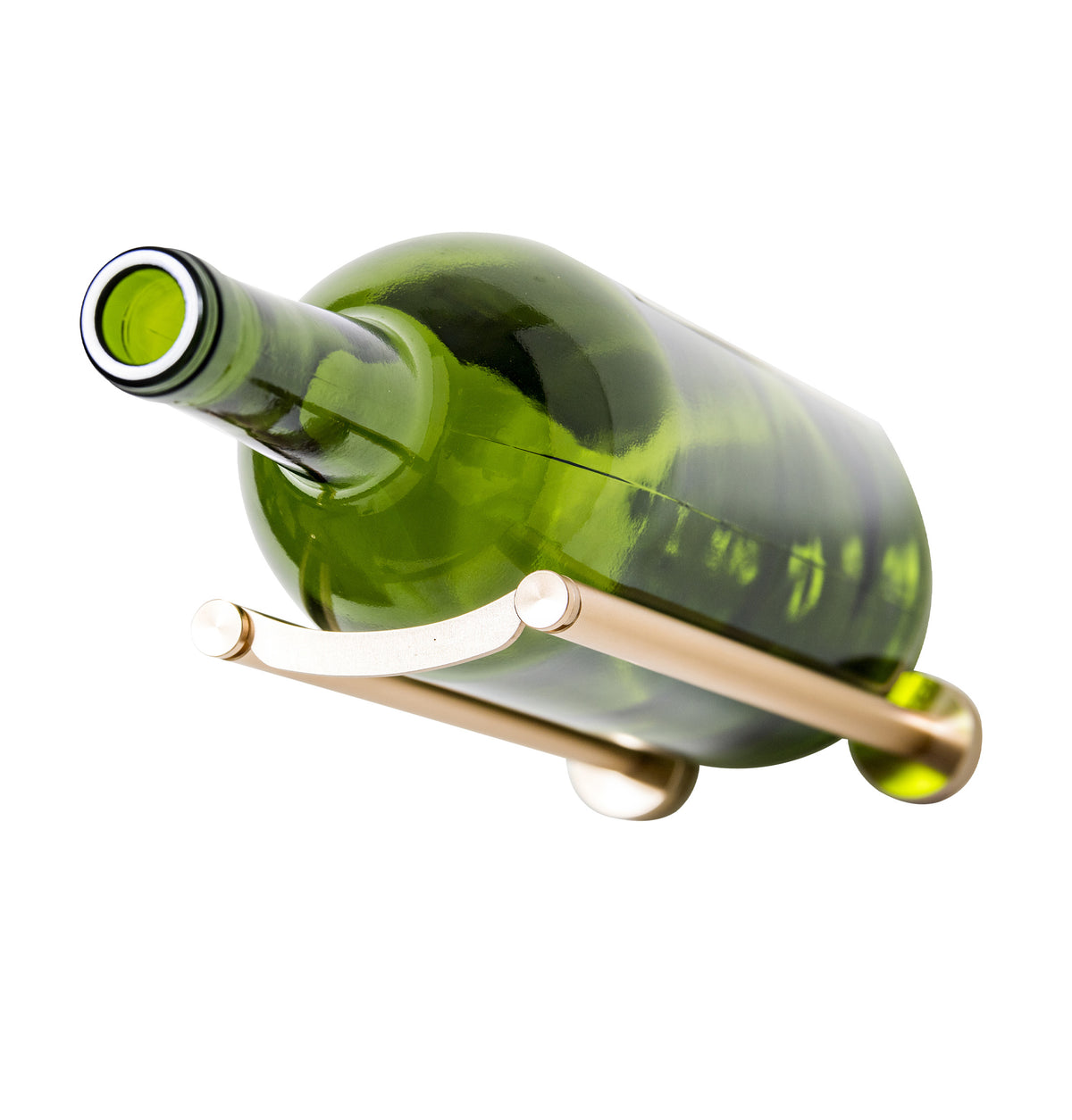 Gold-toned wine bottle rail holder holding a green magnum bottle