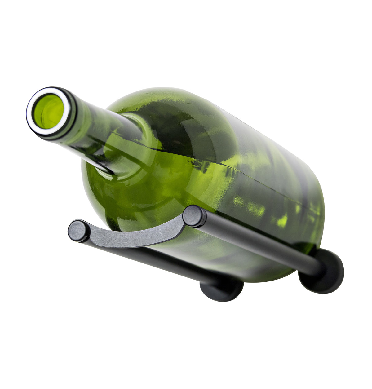 Dark gunmetal wine bottle rail holder with a green magnum bottle