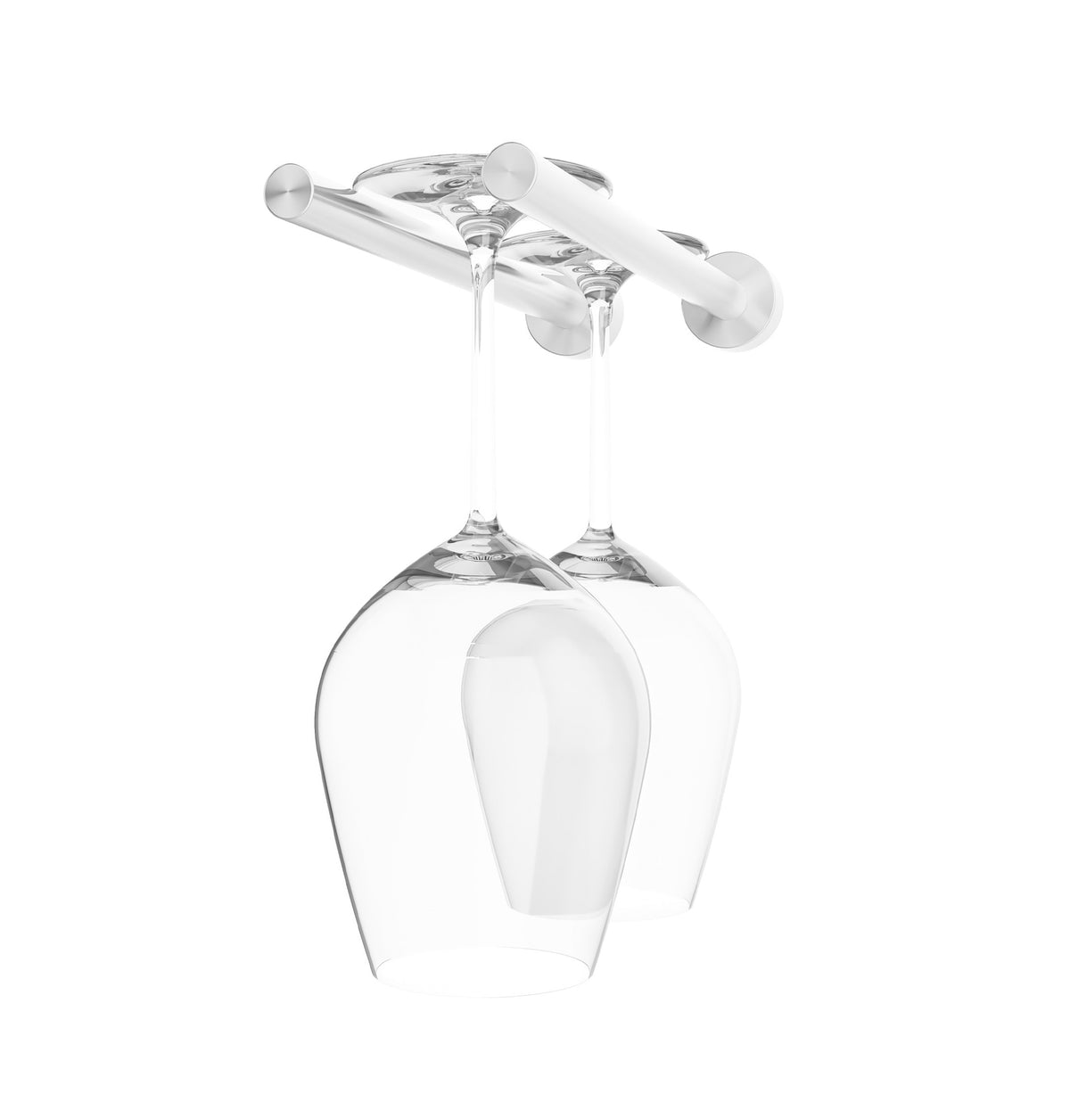 Stemware rack with two glass holders, clear glass goblets on polished silver bar