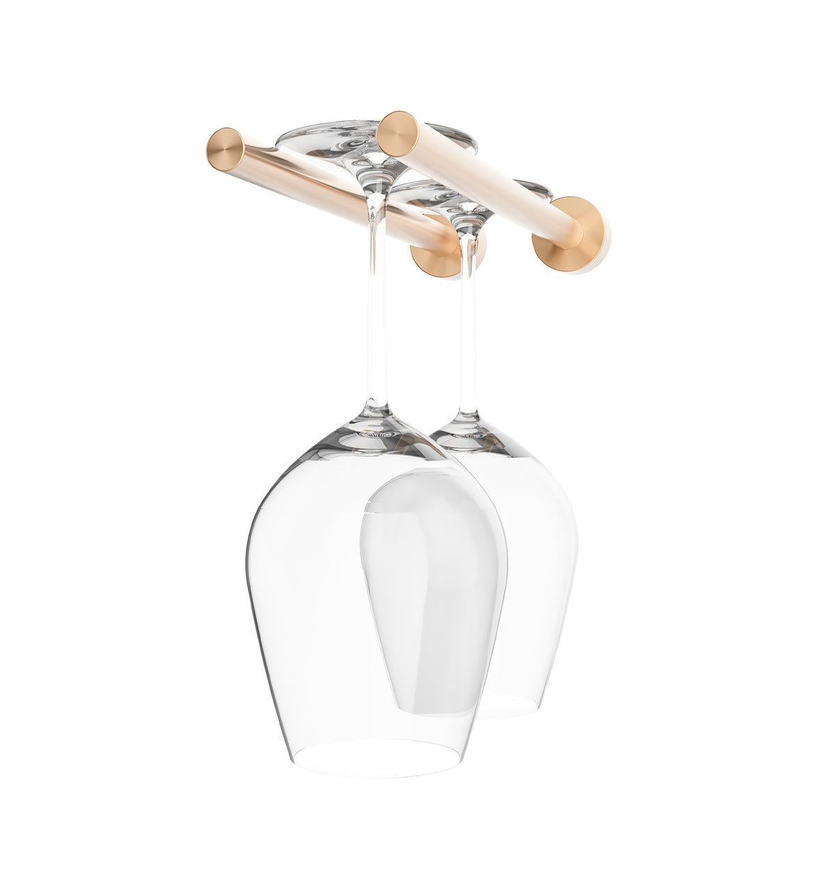 Stemware rack with two glass holders, clear goblets on bronze-tone metal bar