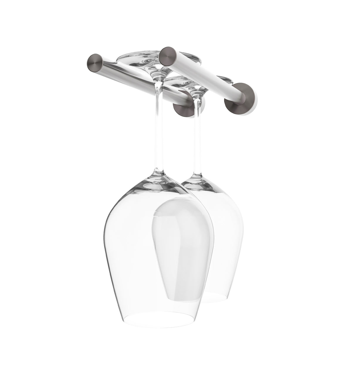 Stemware rack with two glass holders, clear goblet on gunmetal dark metal bar