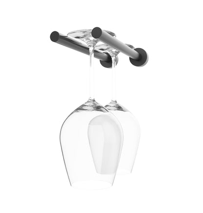 Stemware rack with two glass holders, clear goblet on matte black metal bar