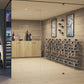 Outdoor-style wine display wall with built-in glass wine racks and bottle holders