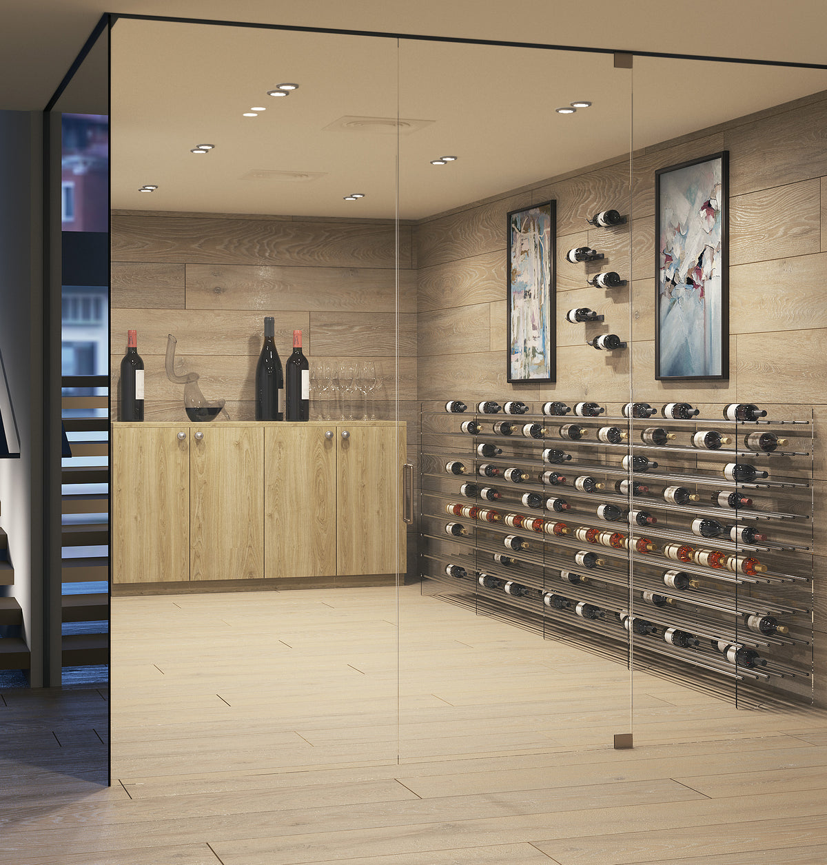 Outdoor-style wine display wall with built-in glass wine racks and bottle holders