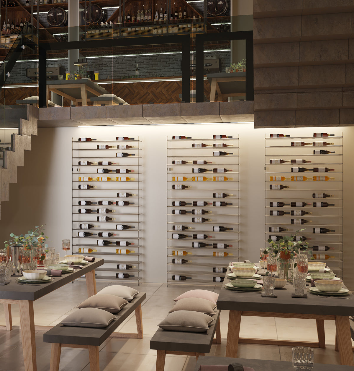 Wine display wall with multiple clear shelves holding bottles, set in a showroom