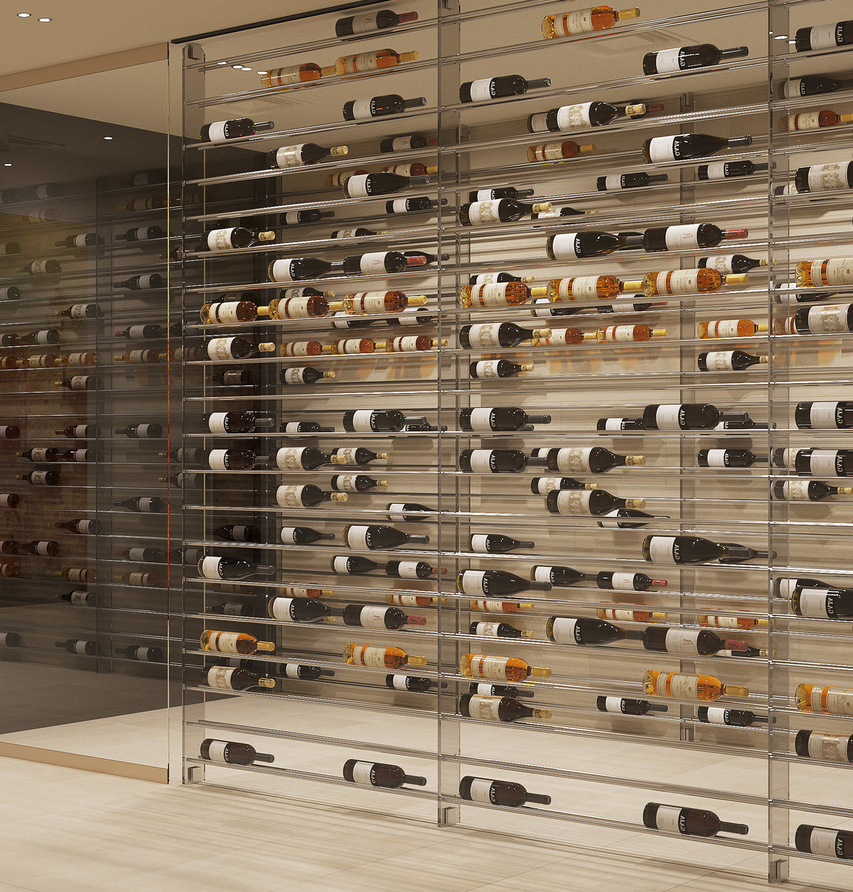 6 ft wine tower display rack with clear frame and many bottles on black rails