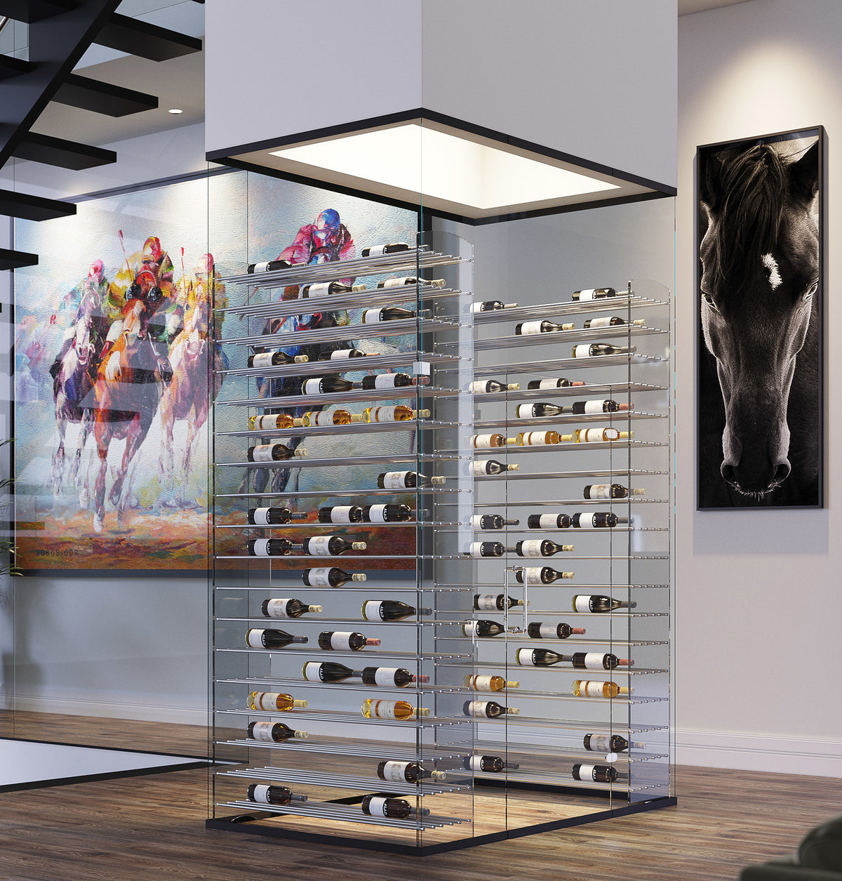 Freestanding glass wine tower with multiple levels of bottle storage and metal rails