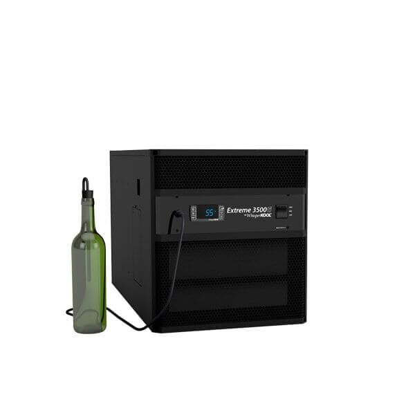 Through-wall cooling unit with black cabinet, front grille, and attached power cord