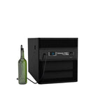 Through-wall cooling unit with black cabinet, front grille, and attached power cord