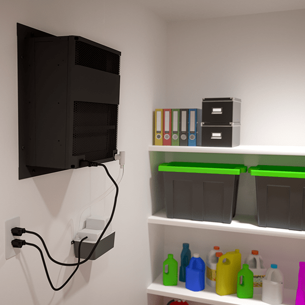 Through-wall wine cellar cooling system with wall-mounted black grille and cables