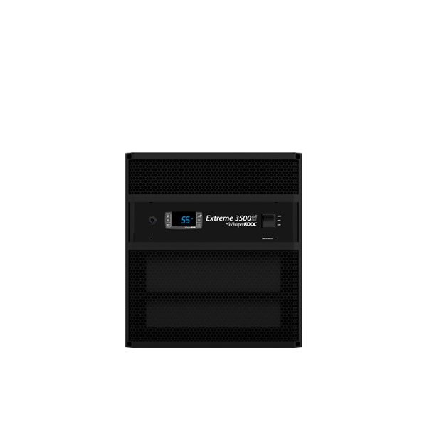 Through-wall wine cellar cooling system front view with blue digital temperature display