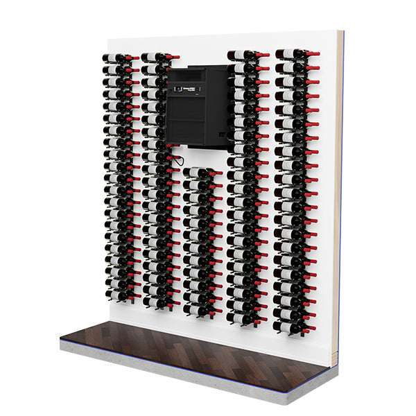 Through-wall wine cellar cooling system with dense bottle cooling tubing panel