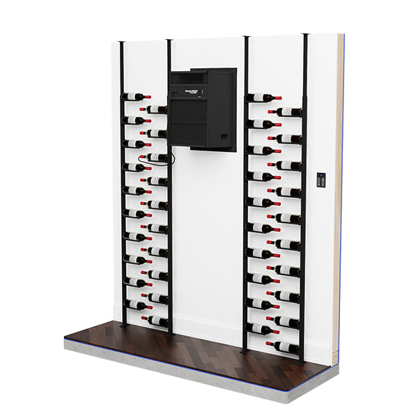 Through-wall wine cellar cooling system installation with bottle cooling lines on mounting panel