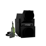 Black ducted wine cellar cooling unit with digital remote controller and wine bottle