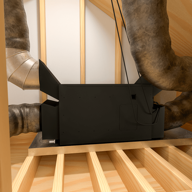 Black fully-ducted cooling unit on a platform with insulated duct lines attached