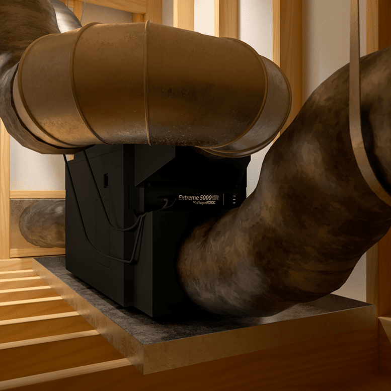 Black ducted wine cellar cooling unit with large insulated duct elbows and vents