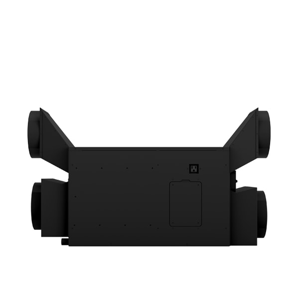 Black fully-ducted wine cellar cooling unit with side duct ports and front control panel