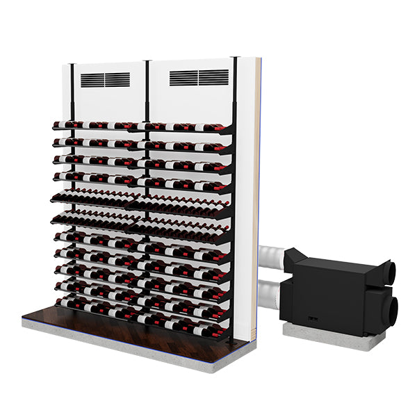 Wine cellar cooling system with duct openings next to a multi-tier wine rack