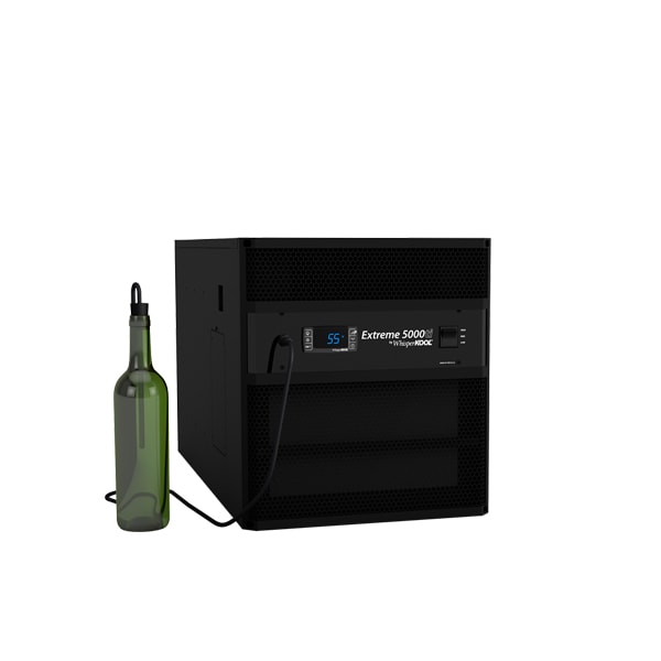 Wine cellar through-wall cooling system, black vented unit with bottle and sensor cable