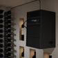 Wine cellar cooling system mounted on wall, black vented unit with control panel