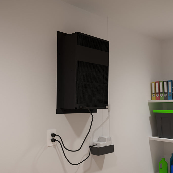 Wall-mounted wine cellar cooling unit with black exterior and connected cables