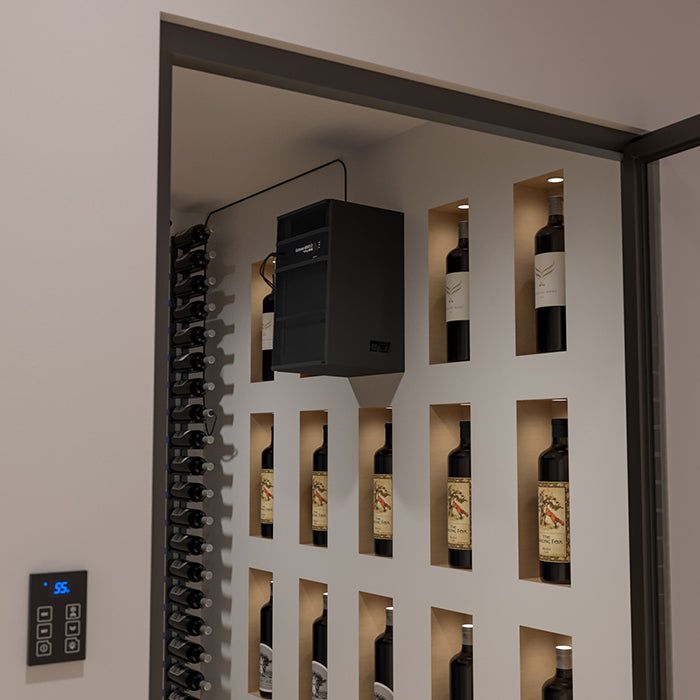 Wine bottle wall with through-wall cooling unit and remote thermostat panel
