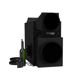 Black ducted wine cellar cooling unit with two round duct openings and controller