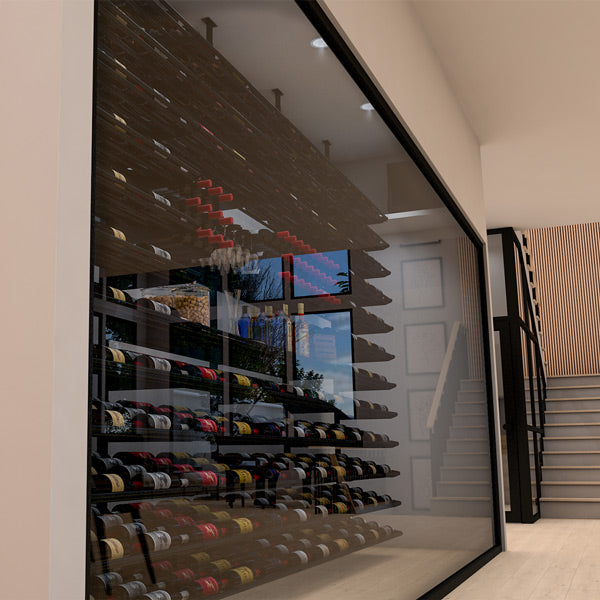 Wine cellar interior with bottle racks and glass-door display space under ceiling lights