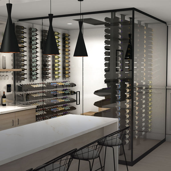 Ductless wine cellar cooling system installed above wine bottle racks with ceiling vents