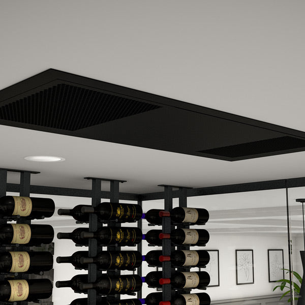 Close-up of black ceiling vent panel for ductless wine cellar cooling system