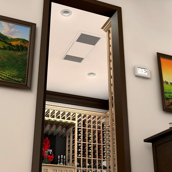 Ceiling-mounted ductless wine cooling system with vent panels in a wine cellar