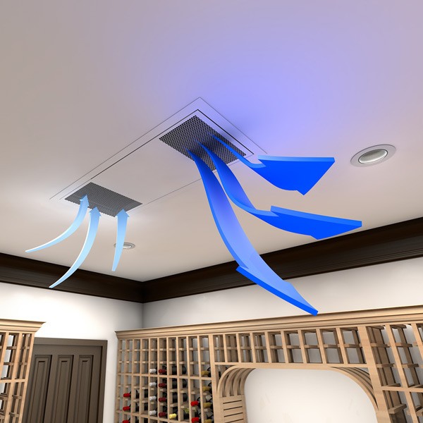 Ceiling vent panels with visible airflow arrows from a ductless wine cooling unit