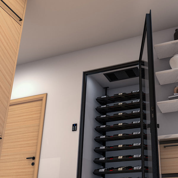 Ceiling mount split ductless cooling system unit, black, installed near wine racks