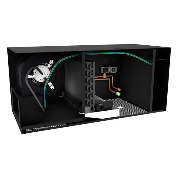 Mini ceiling mount split unit with open chassis showing internal components and wiring
